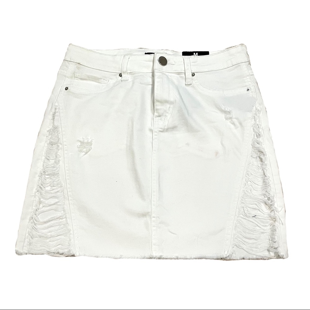 FashionNova white distressed mini skirt